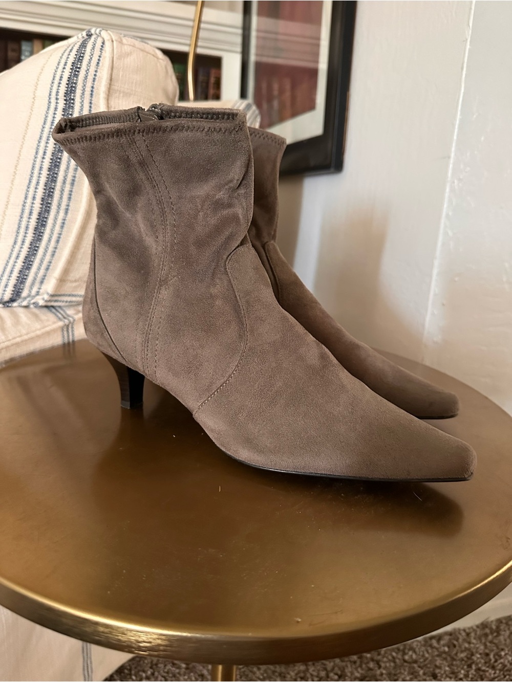 Pointed-Toe Suede Ankle Booties in Taupe